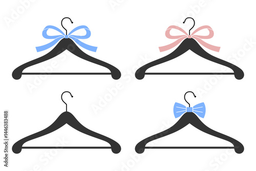 Four black wooden clothes hangers with pink, blue tied bow, bow tie in minimalistic simple style. Vector illustration for weddings, baby showers, or gender reveal parties.