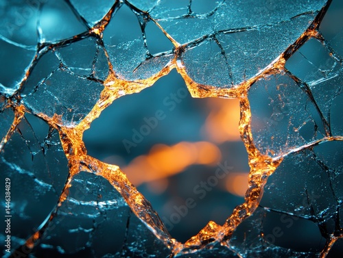 Close-up view of shattered glass with warm light glowing through cracks