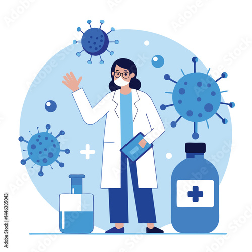 Masked woman physician in white coat waves amidst medical supplies and virus with transparent background