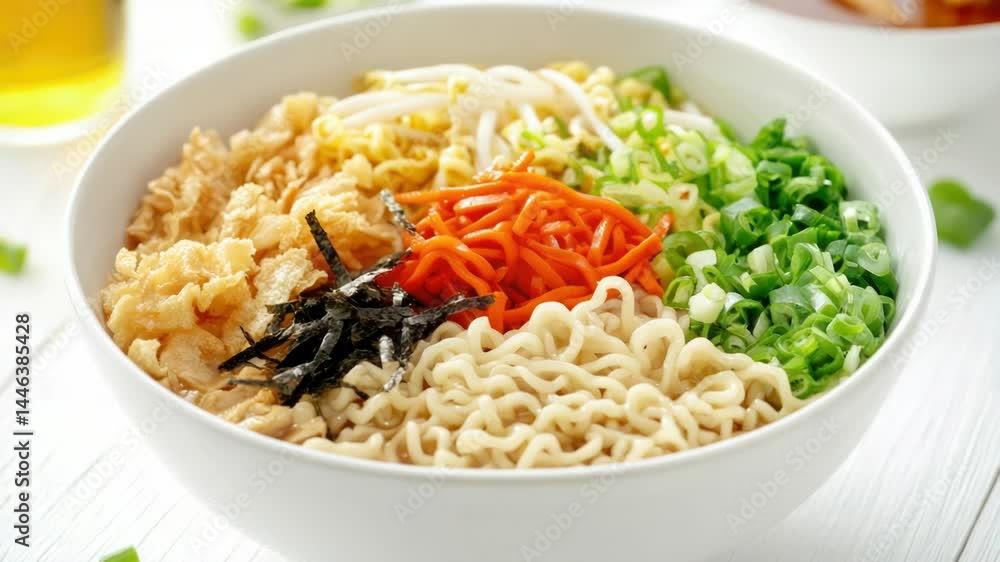 A bowl of steaming hot ramen with various vegetables served on a table A bowl of steaming hot ramen with various vegetables served on a table