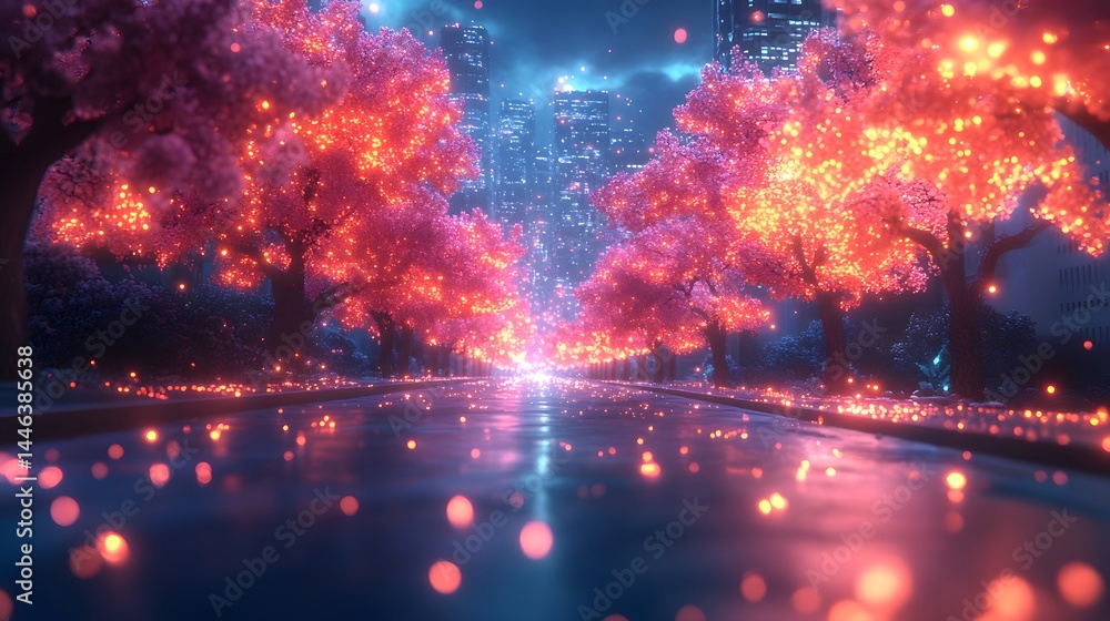 Fototapeta premium Neon trees line street toward distant skyline, shimmering ground reflects the warm glow, creating a whimsical cityscape scene on a transparent background, PNG image, PNG file.