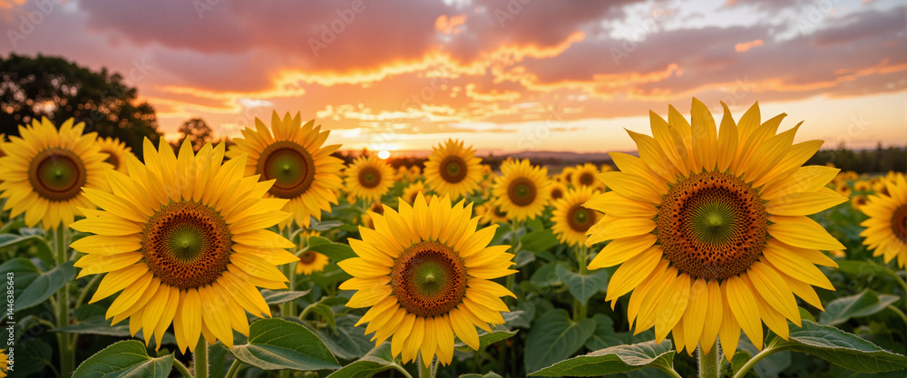 Fototapeta premium Sunflowers blooming against a dramatic sunset sky | Copy Space 