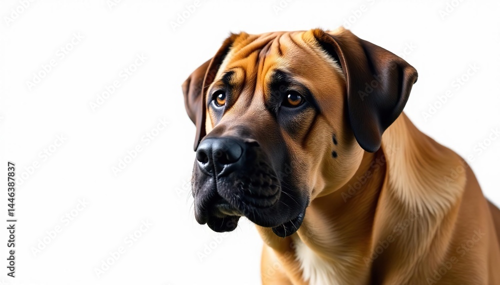 Fototapeta premium Noble mastiff head shot, intense gaze, pure white backdrop, ears, dog