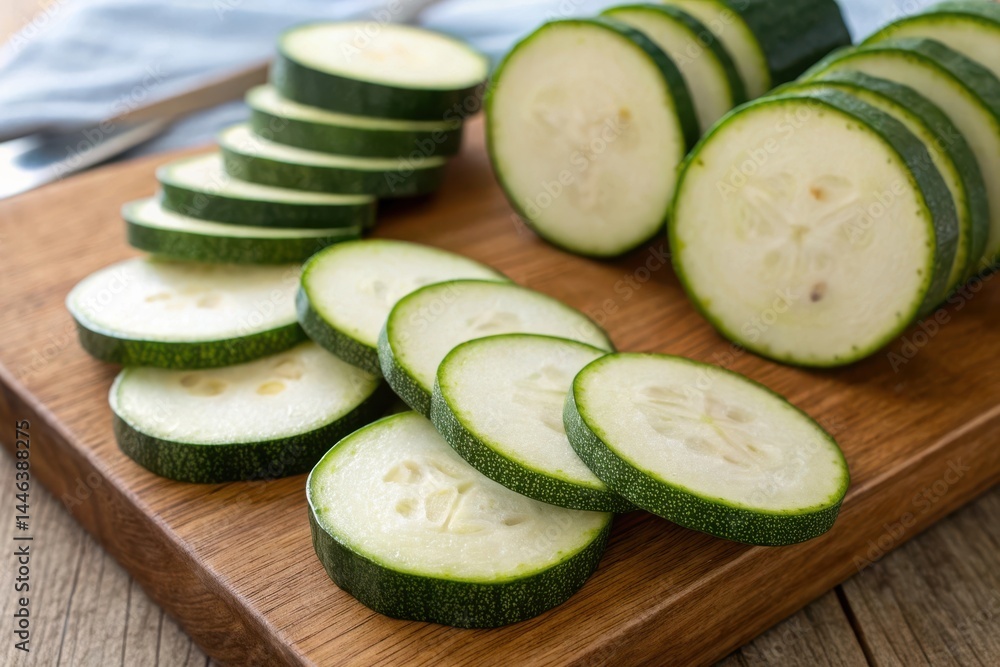 Wooden cutting board with slices of green zucchini on it Wooden cutting board with slices of green zucchini on it
