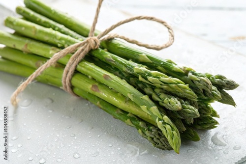 A bunch of green asparagus tied together on a white background