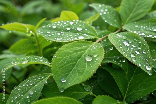 The leaves of a plant are covered in raindrops, giving the image a serene