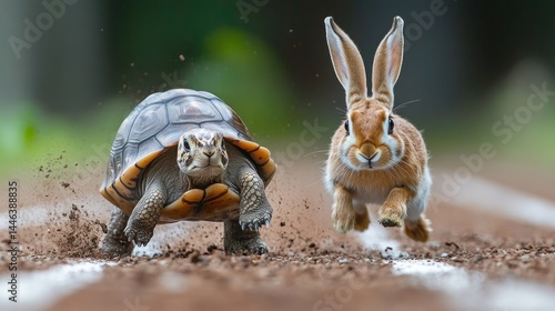 Tortoise and Hare Race: A Hilarious Wildlife Photo of a Determined Tortoise and a Swift Hare Engaged in an Epic Race.