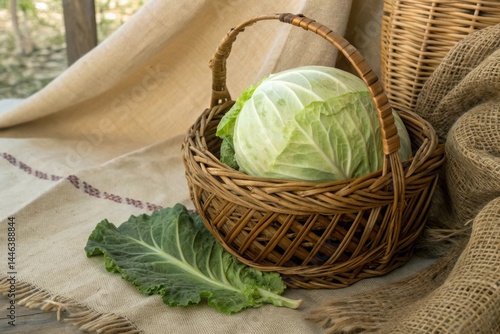 A basket of cabbage sits on a tablecloth