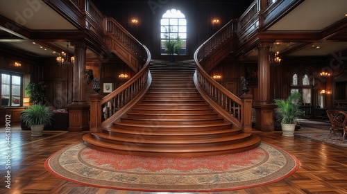 Grand Wooden Staircase in a Luxurious Mansion