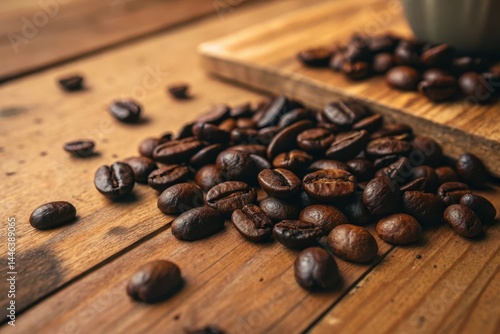 A pile of coffee beans on a wooden table