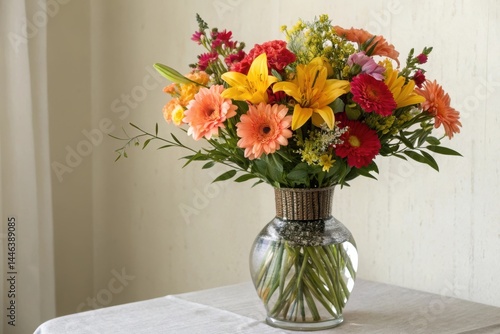 A vase of flowers stands on a table against a light background