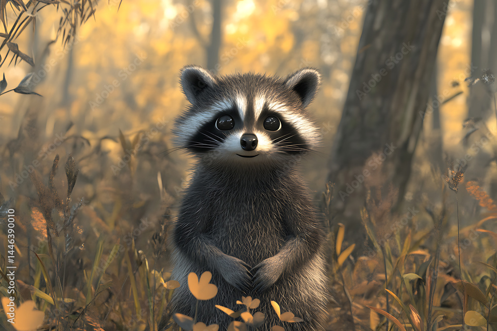 Obraz premium A curious raccoon stands amidst vibrant autumn foliage, surrounded by colorful flowers in a serene forest