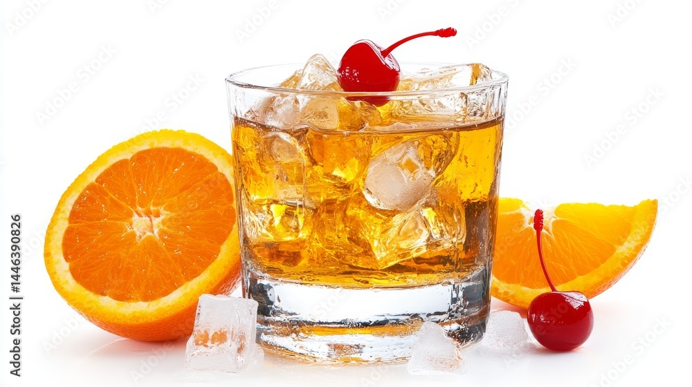 A classic cocktail adorned with an orange slice and cherry, its glass subtly sweating, set against a plain white backdrop A classic cocktail adorned with an orange slice and cherry, its glass subtly sweating, set against a plain white backdrop