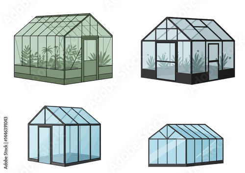 Minimalist greenhouse collection with glass panels against a stark white background