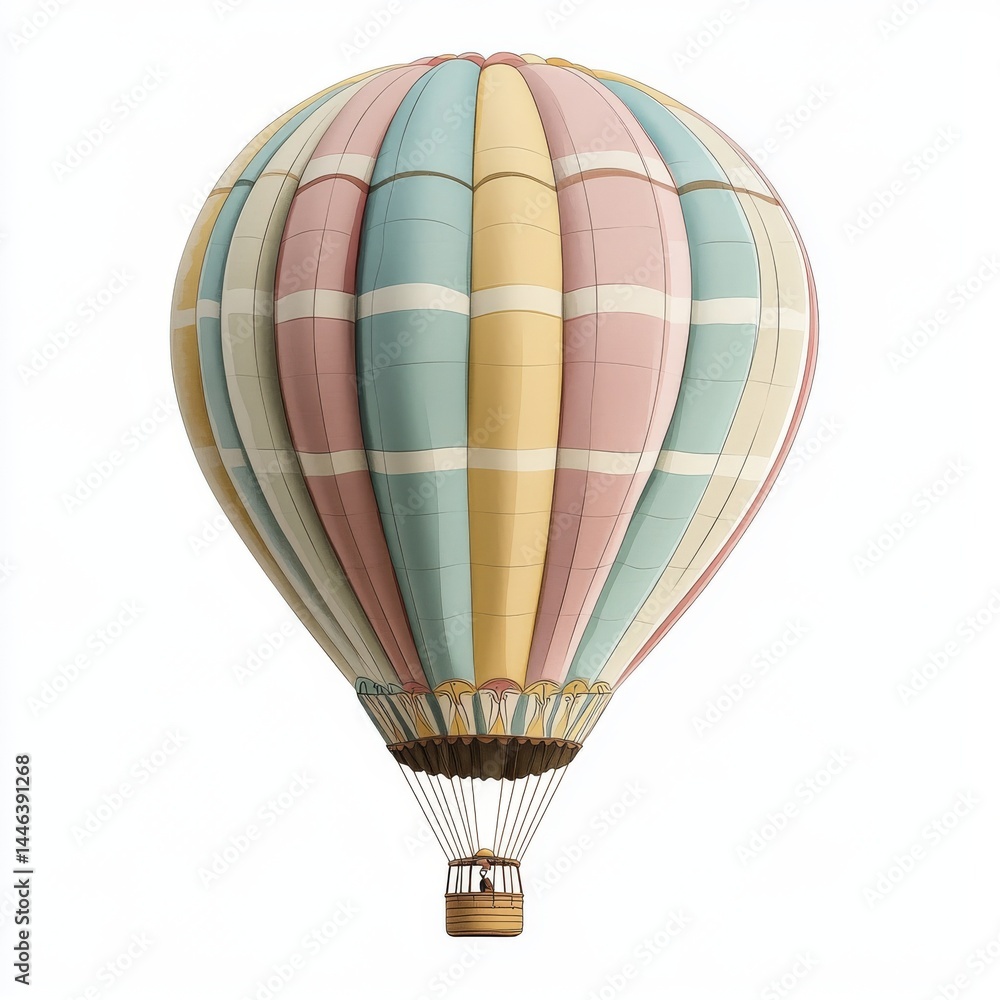 Naklejka premium A delicate and dreamy watercolor illustration of a hot air balloon in soft pastel colors is depicted in Pastel Watercolor Hot Air Balloon, evoking a sense of wonder and adventure