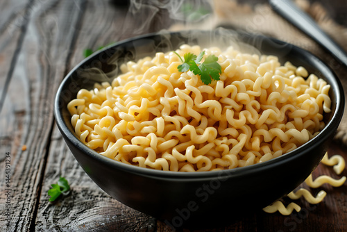 Steaming Bowl of Curly Instant Noodles Garnished with Cilantro Resting on Rustic Wooden Table

