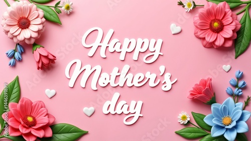 A pink background with the words "Happy Mother's Day" surrounded by flowers and leaves.