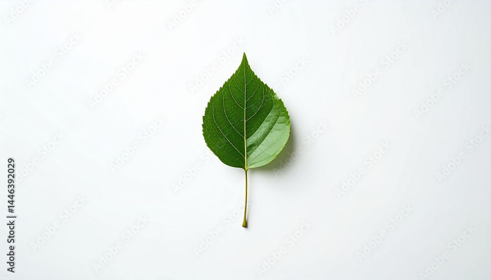 Minimalist composition featuring single green leaf on white background, evoking sense of tranquility and simplicity Minimalist composition featuring single green leaf on white background, evoking sense of tranquility and simplicity