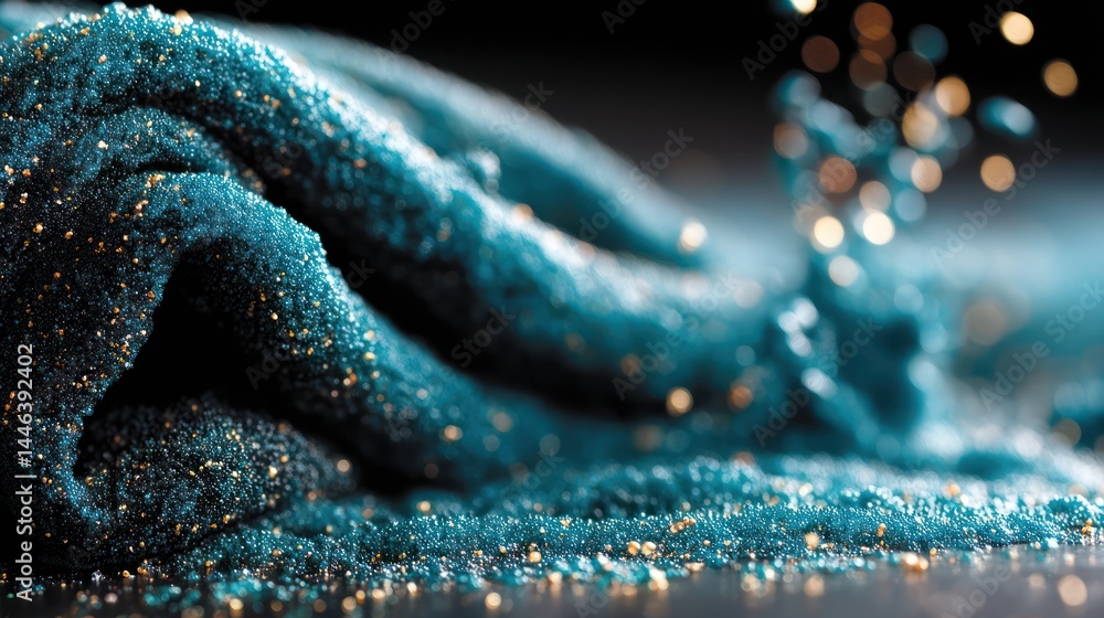 Teal fabric with gold glitter, dark background Teal fabric with gold glitter, dark background