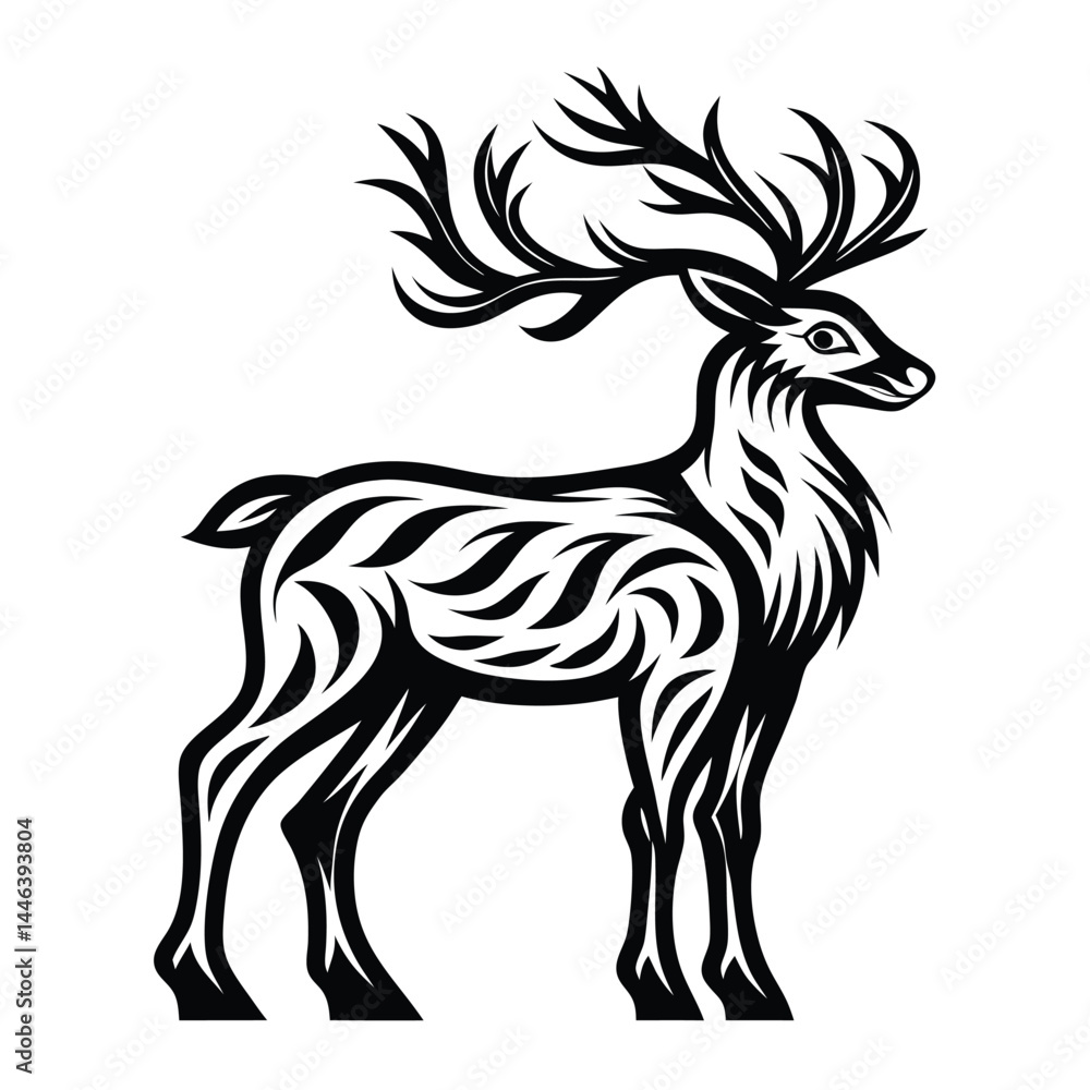 Obraz premium Ornate Deer Silhouette Antlers, Elegant Black Design Isolated on White Background