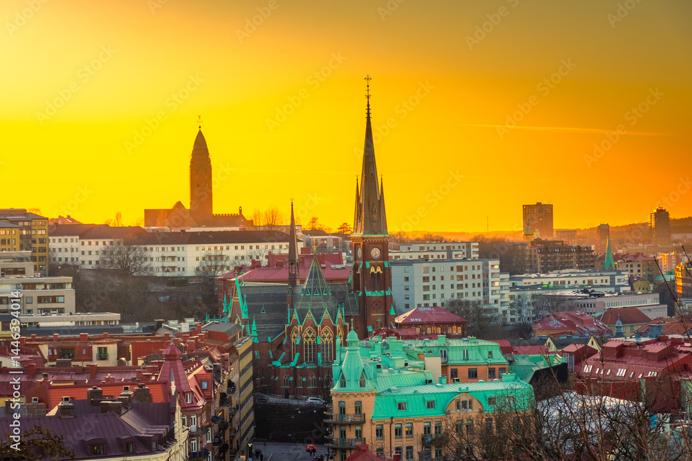 Beutiful sunset over the cityscape of Goteborg, Sweden