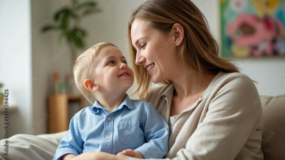 A woman sitting on a couch with a small child. A woman sitting on a couch with a small child.