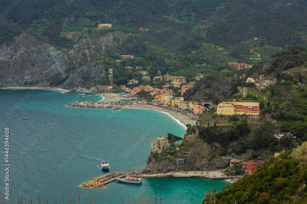 Cloudy landscape of Monterosso beach, Cinque Terre, Italy
