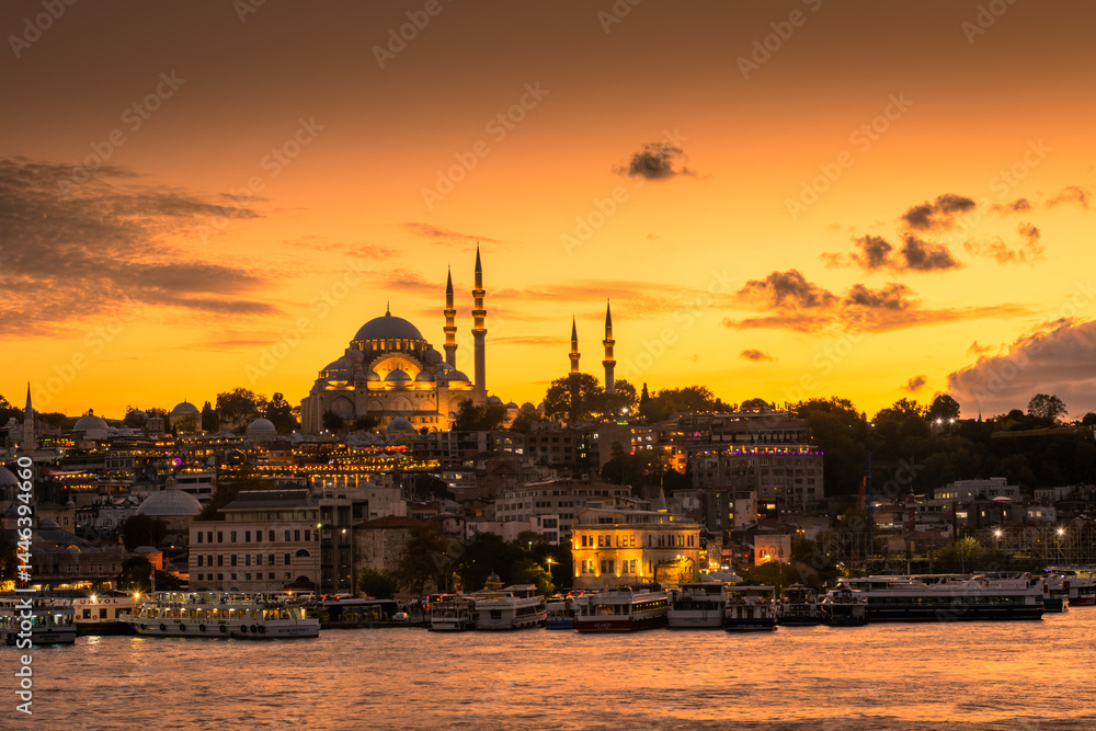 Amazing skyline of Istanbul at sunset with Suleymaniye Mosque, Turkey