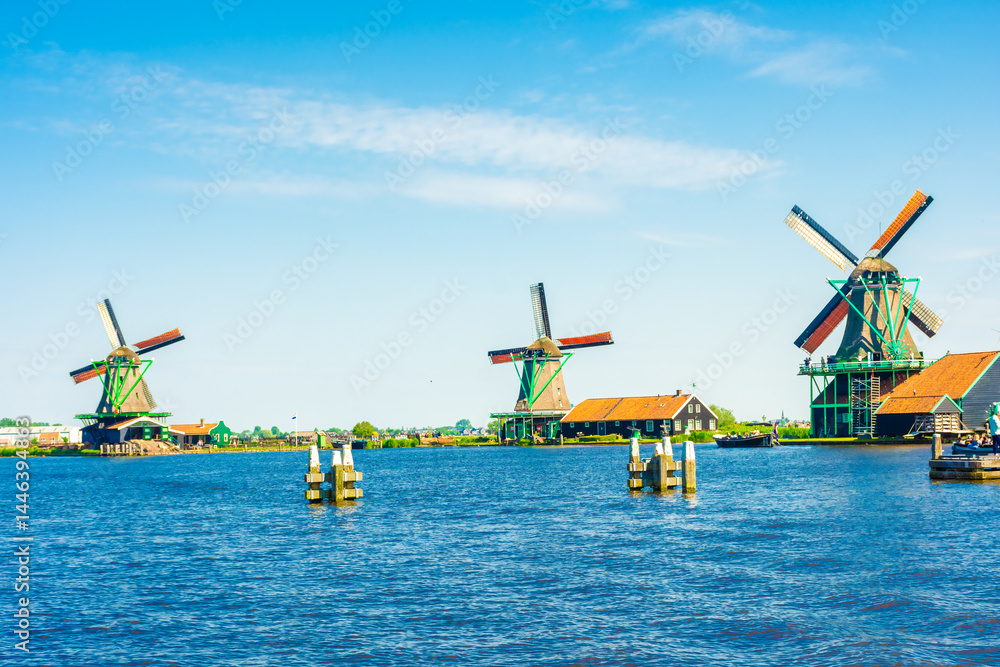 Beautiful windmills in the countryside area of Zaanse Schans, Netherlands
