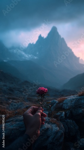 Hand holding pink flower with dramatic mountain backdrop at twilight