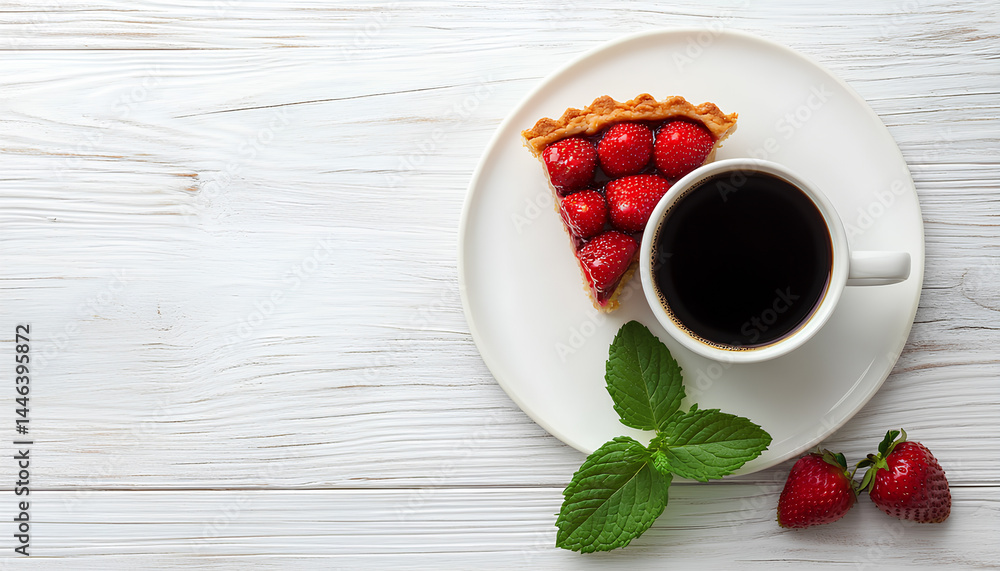 Piece of delicious strawberry tart with mint and coffee on white wooden table, flat lay. Space for text Piece of delicious strawberry tart with mint and coffee on white wooden table, flat lay. Space for text