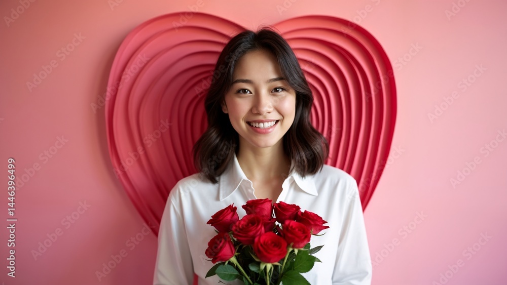 A woman holding a bouquet of red roses in front of a pink wall. A woman holding a bouquet of red roses in front of a pink wall.