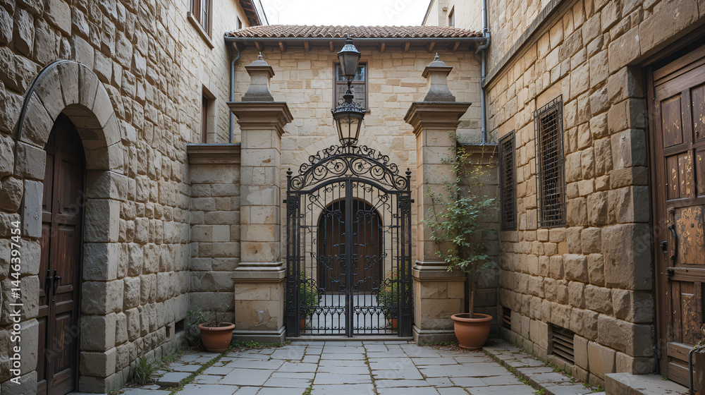 Fototapeta premium Stone walls and ornate gates defining a quiet, secluded courtyard in an old alley, quiet courtyard, historic, gateways