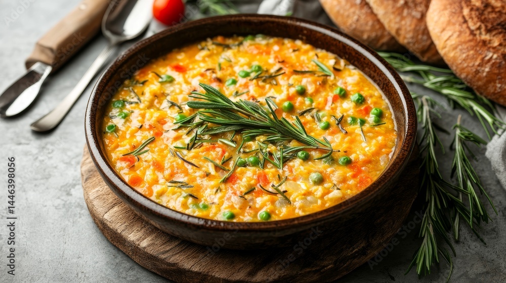 Autumn's culinary delight is embodied in a rustic ceramic bowl filled to the brim with warm and inviting soup, finished with a subtle garnish of fresh herbs that beckons a sensory feast