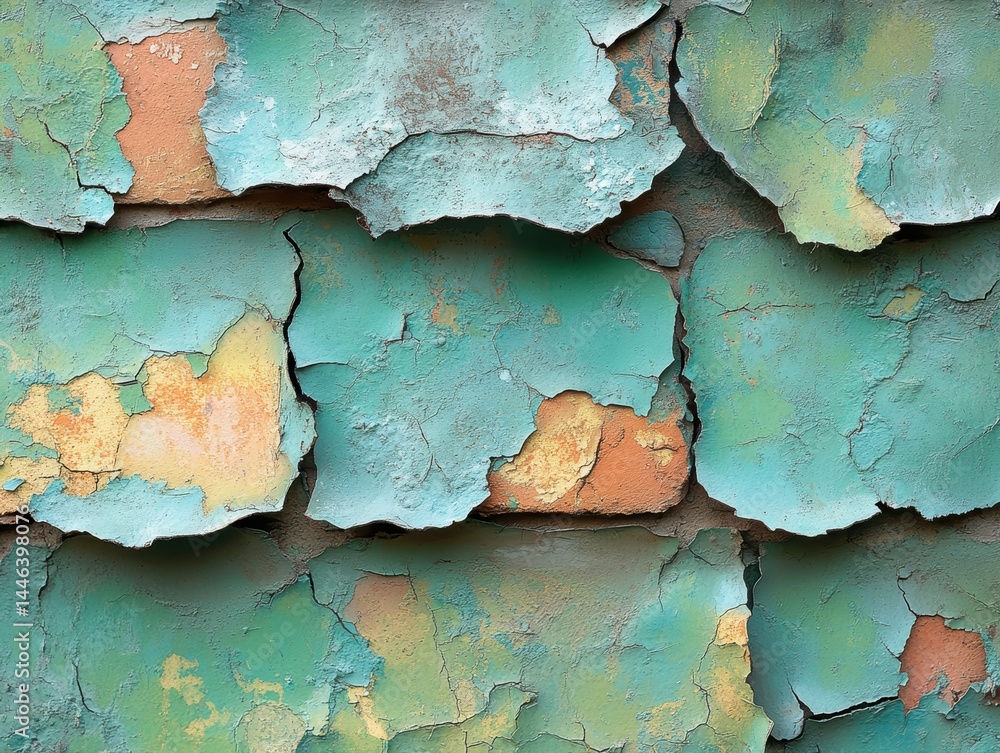 Close-up of weathered, peeling paint on a textured wall with vibrant colors Close-up of weathered, peeling paint on a textured wall with vibrant colors