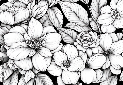 Wallpaper Mural Black and white floral pattern, various blossoms and leaves. Detailed line art on a dark background Torontodigital.ca