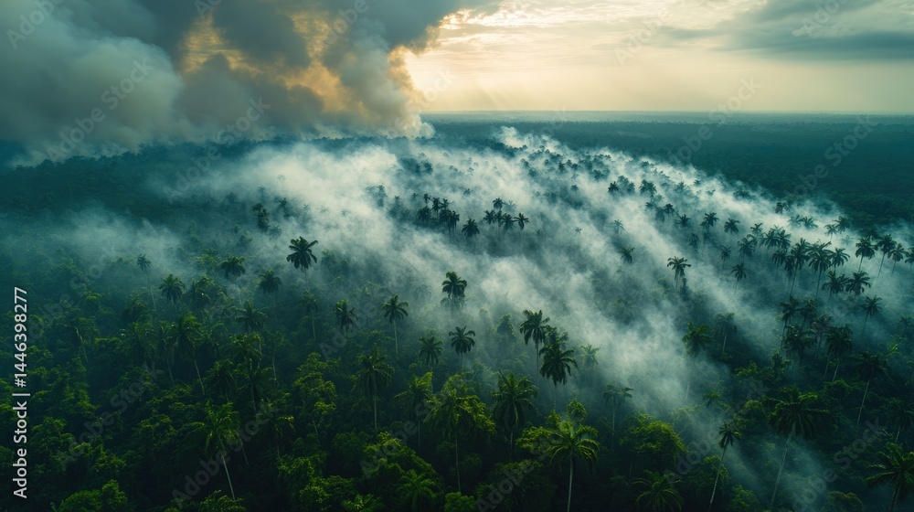 Naklejka premium Overhead panorama of dense tropical rainforest shrouded in mysterious mist