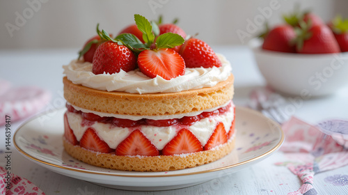 Fraisier cake is a French strawberry cake made from layers of genoise, mousseline cream and strawberries closeup on the plate on the table