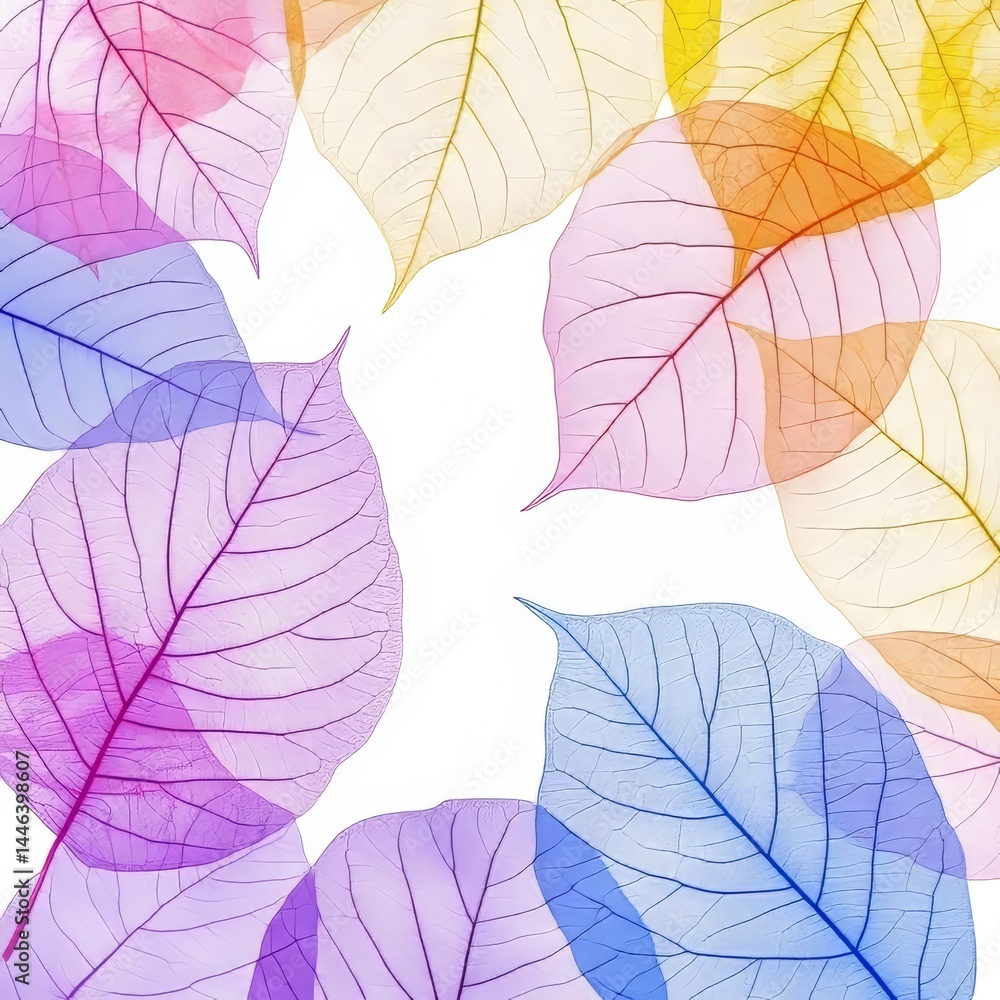 Obraz premium On a white background, a branch is adorned with leaves that are both colorful and translucent