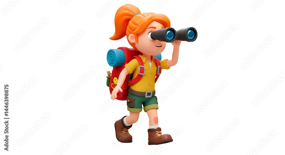 Fototapeta premium Smiling Cartoon Young Explorer Using Binoculars