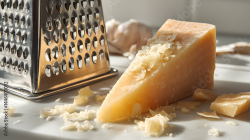 Parmesan Cheese with Grater Delicious Italian Cheese Grated Hard Cheese on White Surface Food Preparation and Culinary Delights