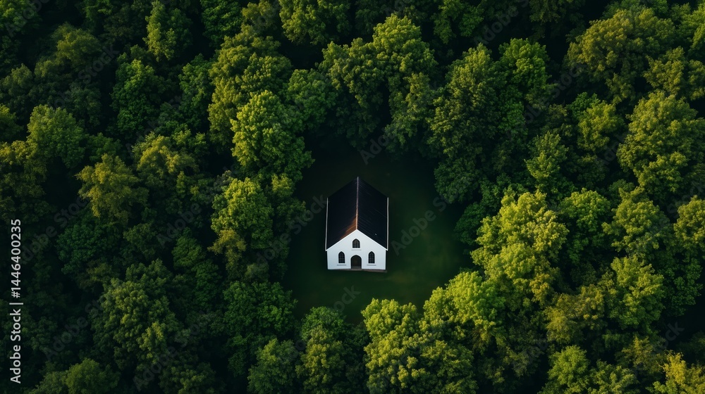 Fototapeta premium Aerial view of a quaint church surrounded by lush greenery