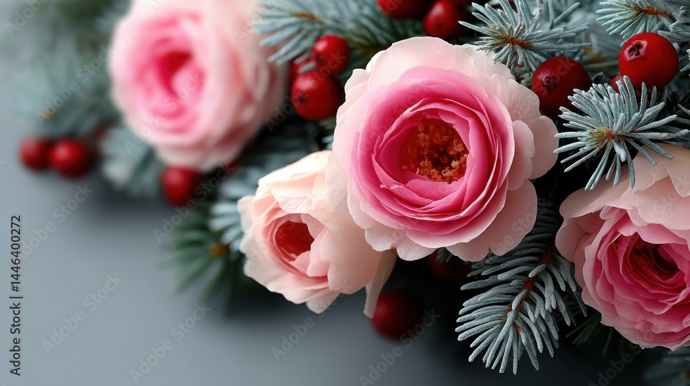 Celebrate the season with a stunning card featuring snowdusted pines, bright red berries, and lovely pink roses.