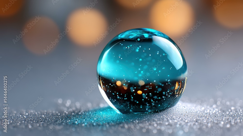 A beautiful Christmas snow globe rests on a snowy surface, sparkles dancing in the air as snowflakes gently fall.