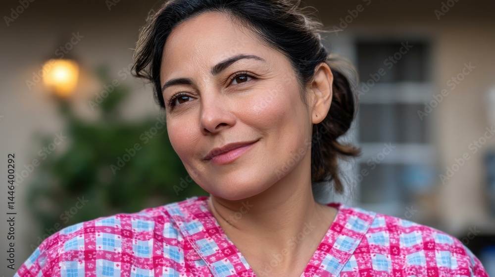 A joyful Hispanic housewife smiles while posing in her vibrant backyard, showcasing her warm personality and style.