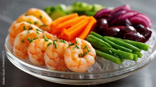 Enjoy a refreshing shrimp cocktail platter with crisp vegetables, olives, and served over ice for a perfect appetizer.
