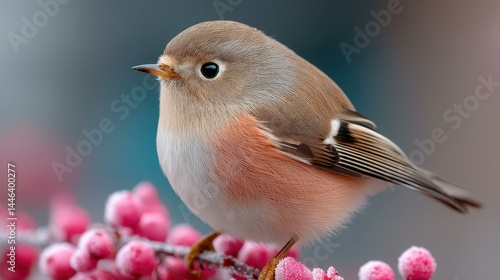Obraz na płótnie Delight in holiday cheer with this charming card showcasing a small bird amidst frosty branches and pink berries. w salonie