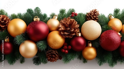 Obraz na płótnie A festive border of Christmas branches adorned with red and gold baubles, pinecones, and lush greenery for a joyful touch. w salonie