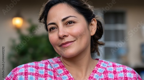 Obraz na płótnie A joyful Hispanic housewife smiles while posing in her vibrant backyard, showcasing her warm personality and style. w salonie