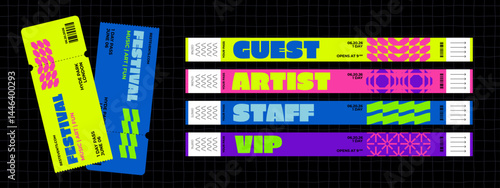 Festival Bracelet Tickets. Vector Concert, Party and Event Pass. Y2K Wristband Design. Music Festival Entrance Ticket Mockup